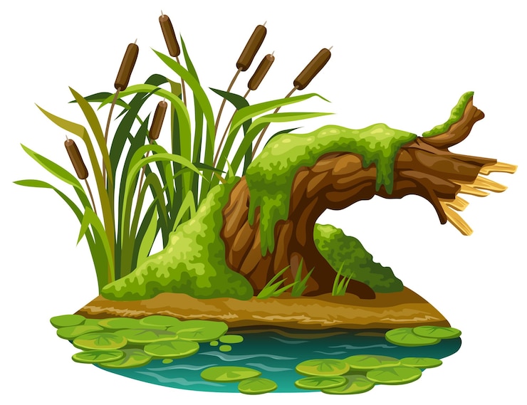 Vector moss on stump in marsh. cartoon log in swamp jungle.