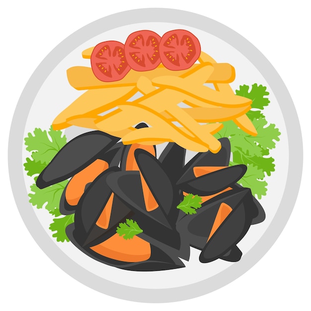 Mosselen en friet Vector Icon Design, National Dish of France, Moules frites op plaatillustratie