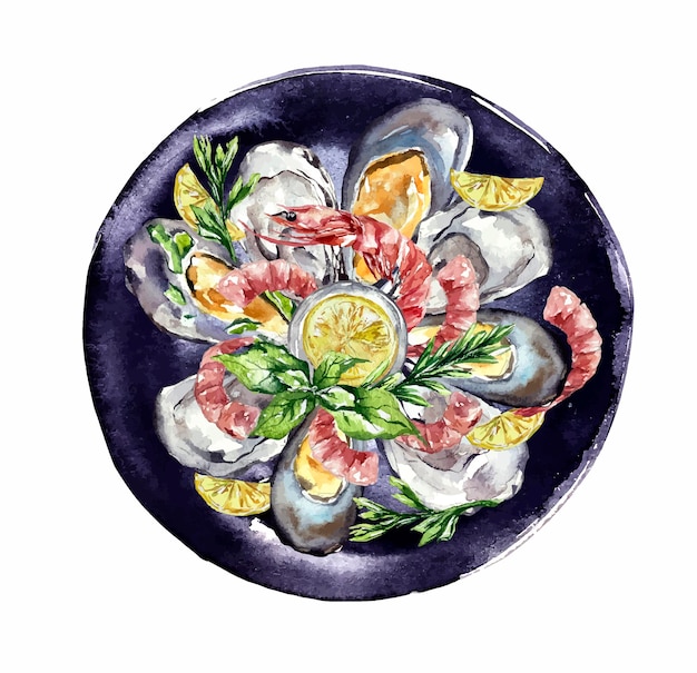 Vector mosselen oesters garnalen schotel zeevruchten asianfood aquarel illustratie restaurant menu