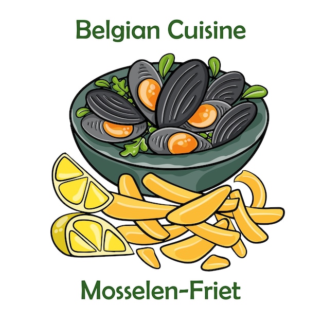 Mosselenfriet Belgian Moules frites on white background