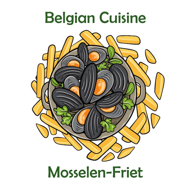 Mosselenfriet Belgische Moules frites op witte achtergrond