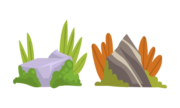 Mossy Solid Stone of Boulder met Grass Vector Set
