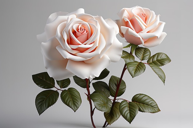 白い背景で隔離のつぼみと葉を持つ最も美しい 1 つのピンクのバラ