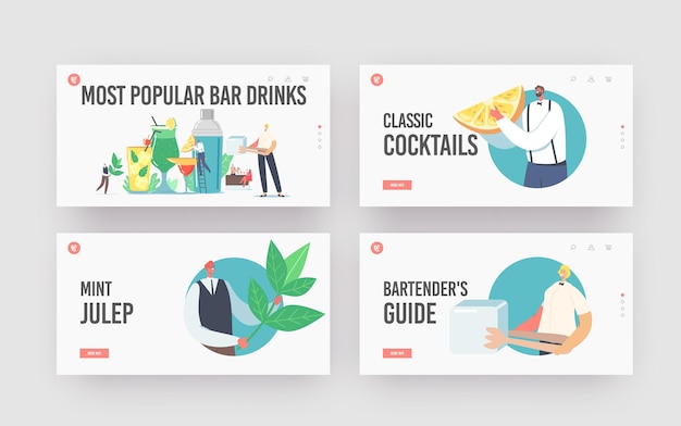 Most popular bar drinks landing page template set. tiny bartender characters cook beverages in summer time. huge glass cups with straw, fruits, ice cubes in juice water. cartoon vector illustration