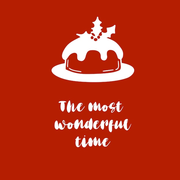 The most wonderful time text with traditional Christmas cake illustration on red