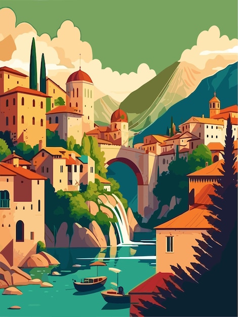 Mostar Bosnië-Herzegovina Stari Most Bridge Koski Mehmed Pasha Vintage reizen poster Wall Art Print