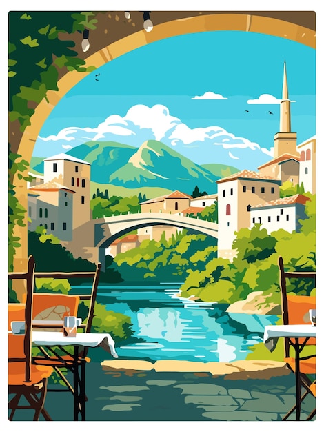 Vector mostar bosnië-herzegovina stari most bridge koski mehmed pasha vintage travel poster souvenir card