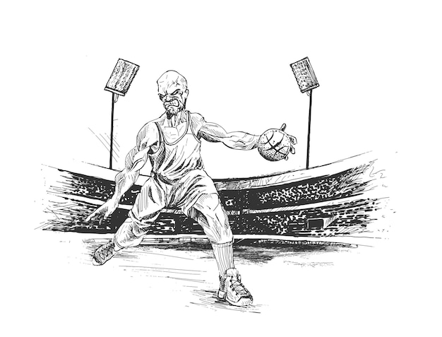 Мостер баскетболисты в действии на фоне стадиона ручной рисунок векторной иллюстрации