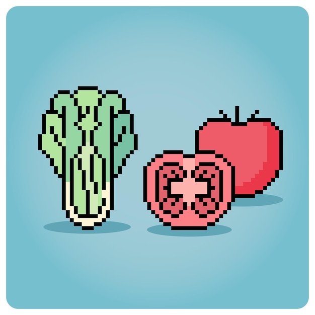 Mosterdgroen en tomaat in 8-bits pixelkunst Groente voor game-items in vector