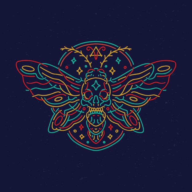 Vector moth butterfly skull neon monoline t-shirt design