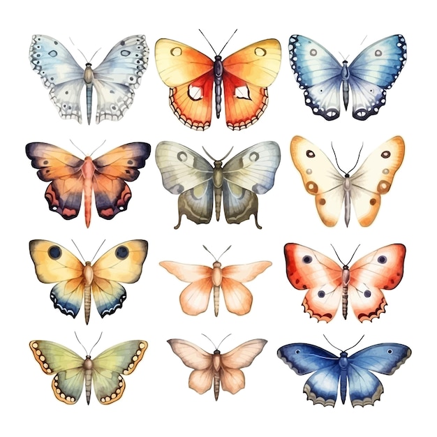 蛾と蝶の水彩手描きイラストセット