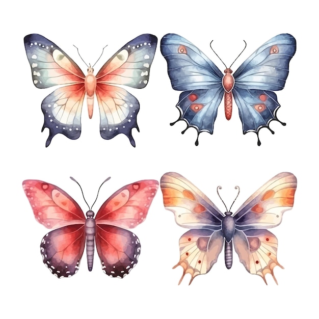 Moth and butterfly watercolor hand painted set of illustration