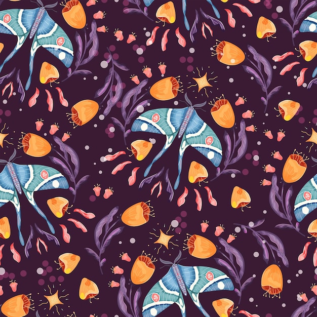 Vector moth and floral motifs seamless pattern design colorful flat vector illustration with moth flowers floral elements and stars