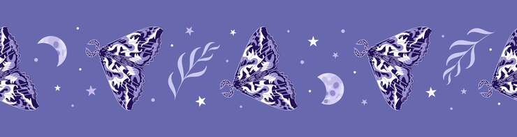 Vector moth phases of the moon and stars herbs seamless border vector illustration in purple tones halloween magic witchcraft astrology mysticism for wallpaper fabric wrapping background