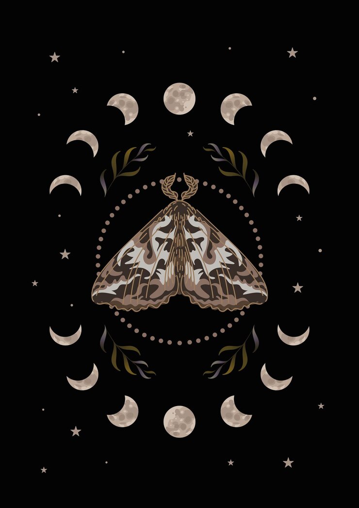 Vector moth phases of the moon and stars herbs vector illustration in ethnic style halloween magic witchcraft astrology mysticism for logo posters cards banners fabric printing tattoo design
