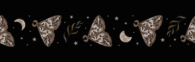 Мотылек фазы луны и звезд трав бесшовные векторные иллюстрации границы ночное небо хэллоуин магия колдовство астрология мистицизм для оберточной ткани фон