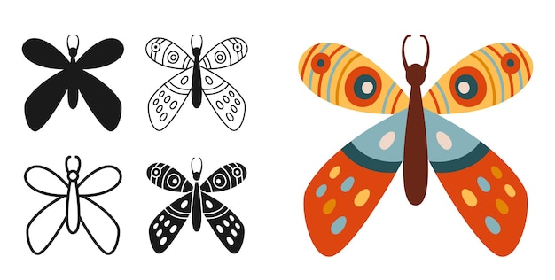 Moth versierde vlinder gestileerde retro mystieke boheemse symbool insecten vleugels ornament lijn kunst vector