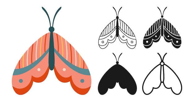 Moth vlinder trendy gestileerde retro mystieke boheemse symbool insecten vleugels ornament lijn kunst vector