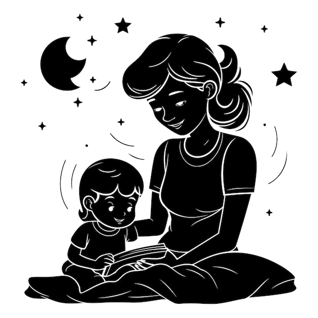Вектор Мать и ребенок в ночь черно-белая векторная иллюстрация
