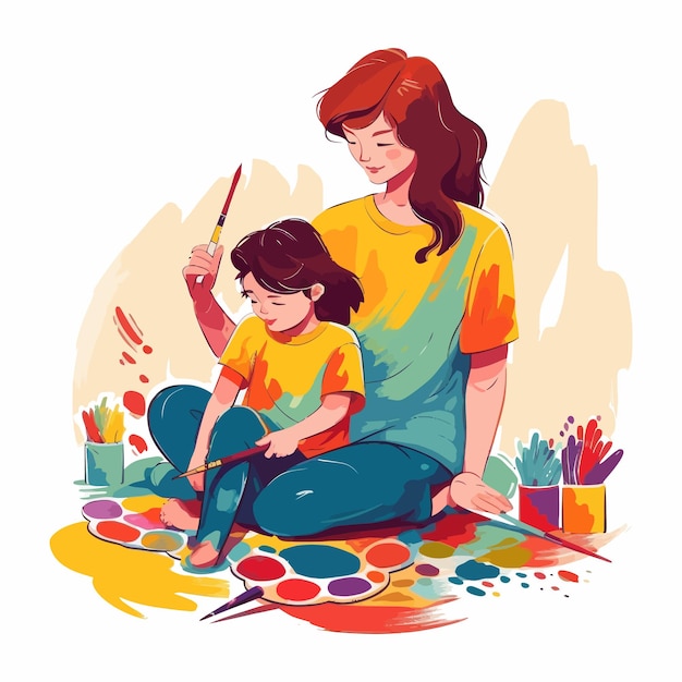 ベクトル 母と子が一緒に絵を描いたり描いたり 水彩 白背景