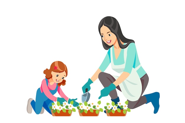 Вектор Мать и дочь вместе занимаются садоводством, сажают цветы в саду