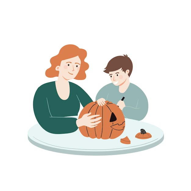 Мать и ее сын вырезают тыквы на хэллоуин милые мультяшные персонажи