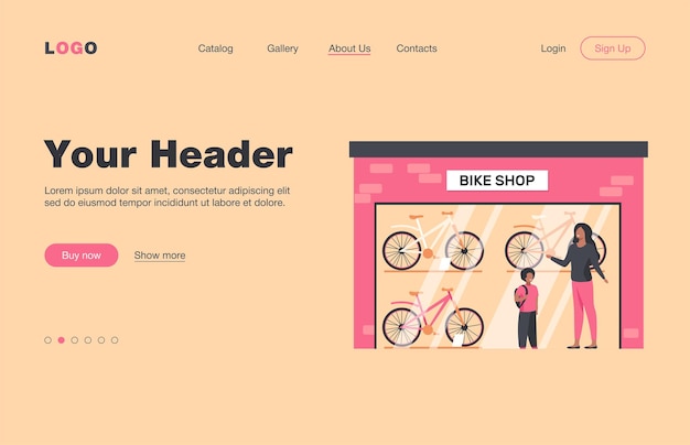 自転車屋で自転車を選ぶ母と子。ストア、息子、親のフラットランディングページ。バナー、ウェブサイトのデザイン、またはランディングウェブページの交通機関とアクティブなライフスタイルのコンセプト