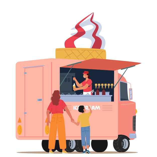 ベクトル 母と幼い息子がファーストフード トラックを移動するストリート バンでアイスクリームを買う女性と少年は、白い背景で隔離