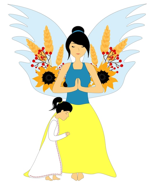 Vector mother angel with child pray for ukraine