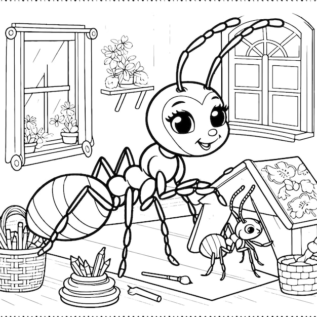 Mother ant plays with her baby in a room with toys children coloring book vector generative ai