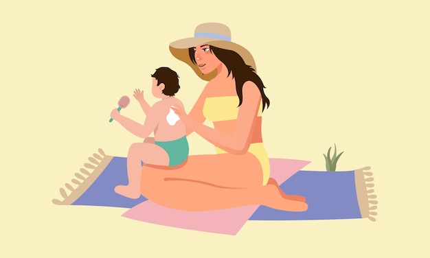 어머니는 아기의 피부에 자외선 차단제를 바르십시오. Kid Sun cream 아이 피부를위한 태양 보호 여름 방학