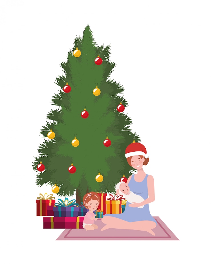 Vector mother and babies with christmas tree
