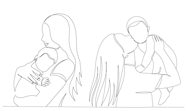 Mother and baby continuous line drawing vector sketch