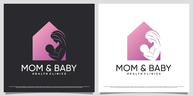 홈 아이콘과 창의적인 개념이 있는 아기 클리닉을 위한 엄마와 아기 로고 디자인