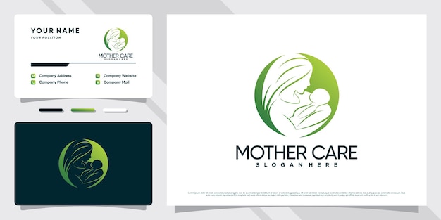 Mother and baby logo with negative space concept and business card design Premium Vector