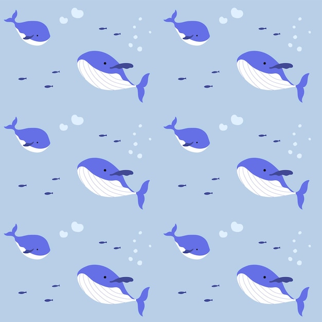 Mother and baby whale seamless pattern in blue ocean