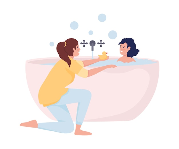 Mother bathing her daughter semi flat color vector characters