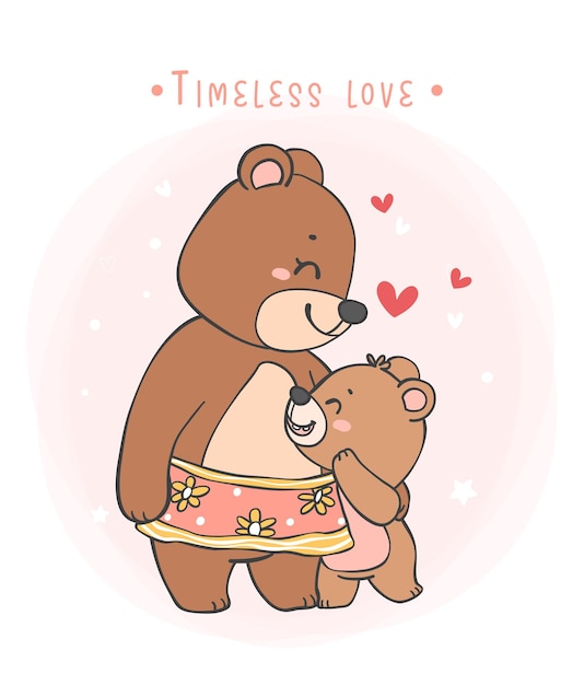 Vector mother bear and baby bear heartwarming hug cartoon doodle illustration