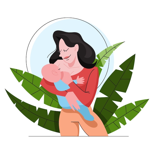 Mother breastfeeding her newborn baby. idea of child care and motherhood. feed child with breast.    illustration