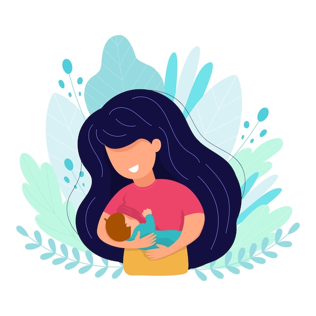 Vector mother breastfeeds her baby child holding him in hands breastfeeding vector illustration