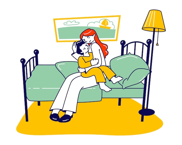Мать успокаивает маленького испуганного сына, сидящего на коленях в спальне. мультфильм плоский иллюстрация