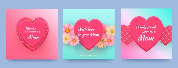 Mother card with pink hearts and spring flowers on gradient pink background Vector heart shaped love symbols for Happy Mother s Day greeting card design Vector