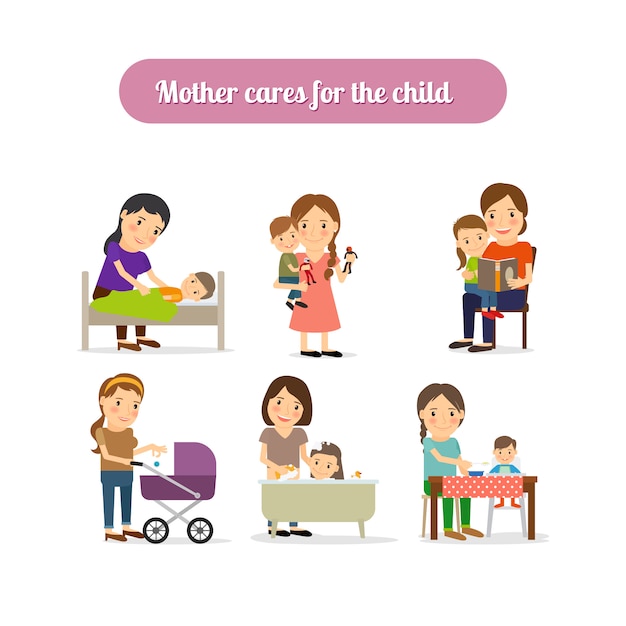 Mother cares for child characters set