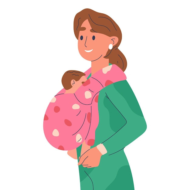 Mother carrying little baby Mom and kid in sling woman with baby toddler in baby sling flat vector illustration on white background