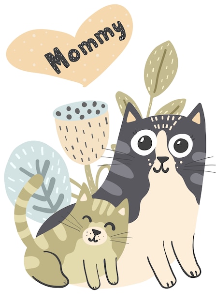 母猫と彼女の赤ちゃん子猫のイラスト。ママカード