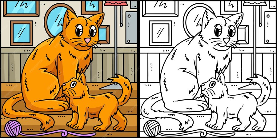 Premium Vector | Mother cat and kitten coloring page illustration