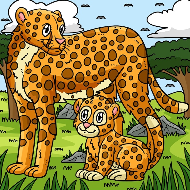 Мать-гепард и малыш-гепард цветной мультфильм