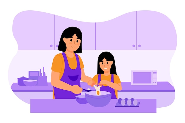 Vector mother and child cooking illustratio