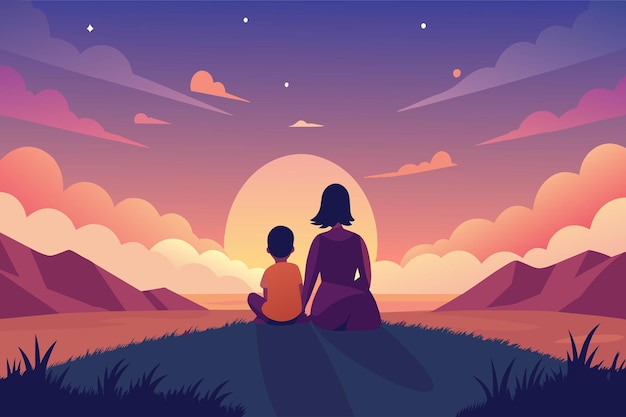 Vector a mother and child enjoy a tranquil sunset together