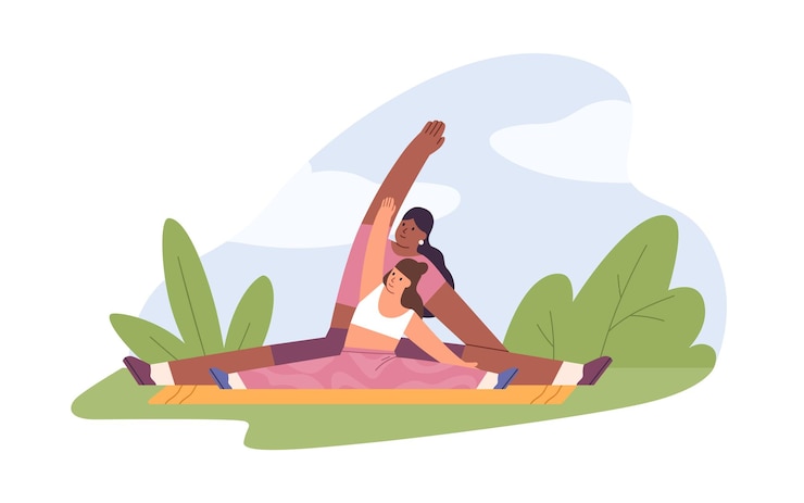 Vector mother and child exercising outdoors together. yoga and stretching workout of mom and daughter on mat in park. happy healthy family training. flat vector illustration isolated on white background